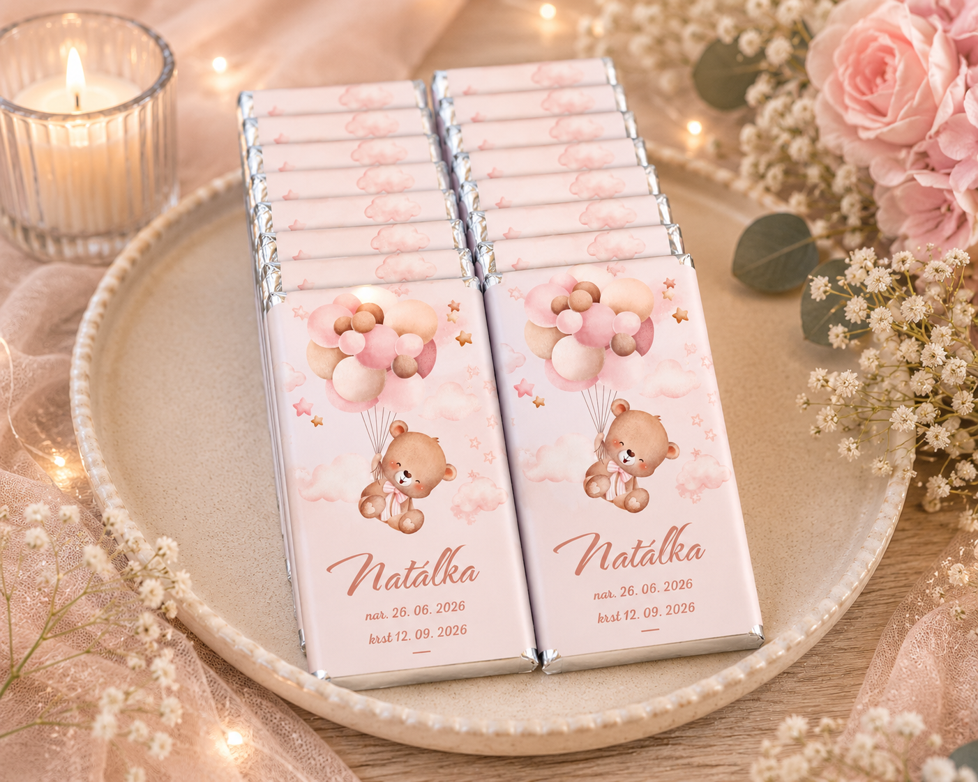 čokoládky na krstiny Čokoládky na krstiny macko s balónmi – Obrázok 1